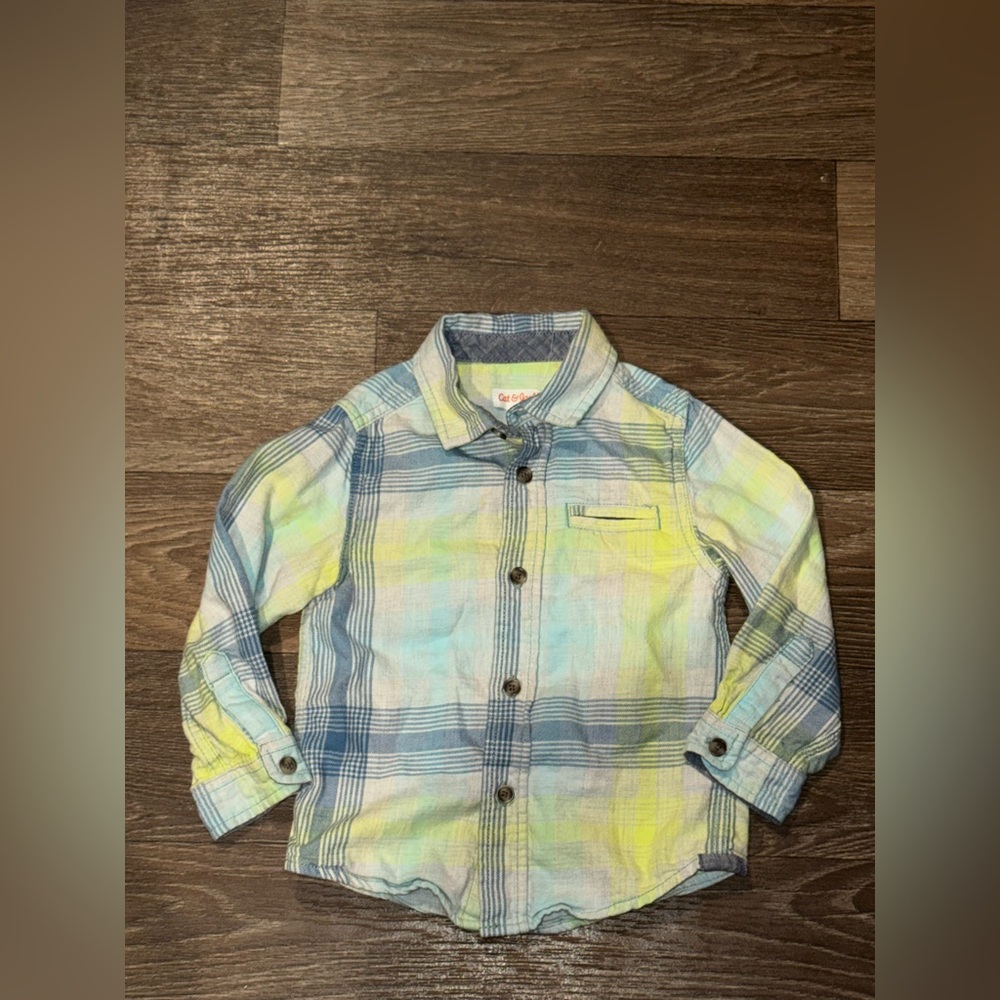 Cat & Jack Boy’s Blue Green Plaid Button Up Long Sleeve 2T